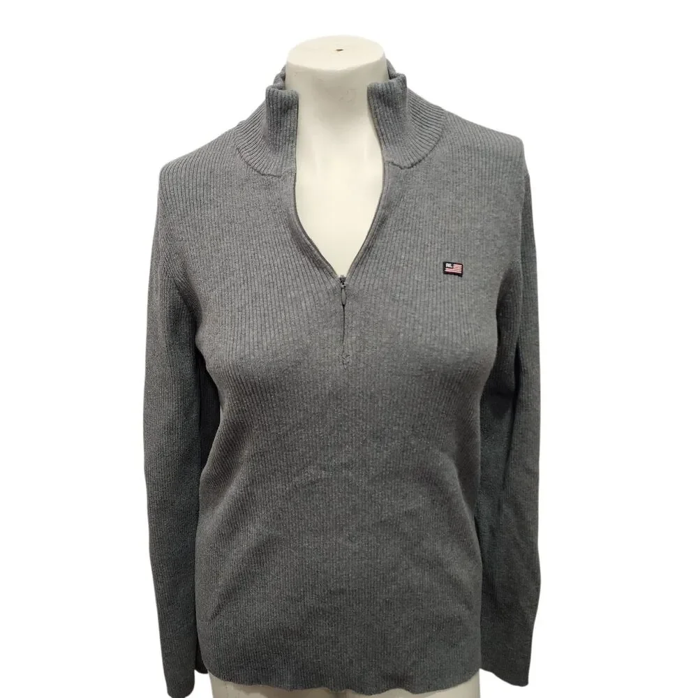 Polo Ralph‎ Lauren Gray Ribbed Quarter Zip Sweater Womens XL Flag Logo
